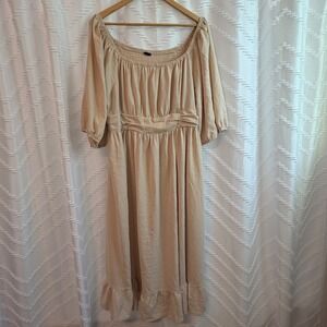 CICIDUDU Beige Cottagecore Midi Dress 3XL Smocked Back Puff Sleeve Ruffle Hem